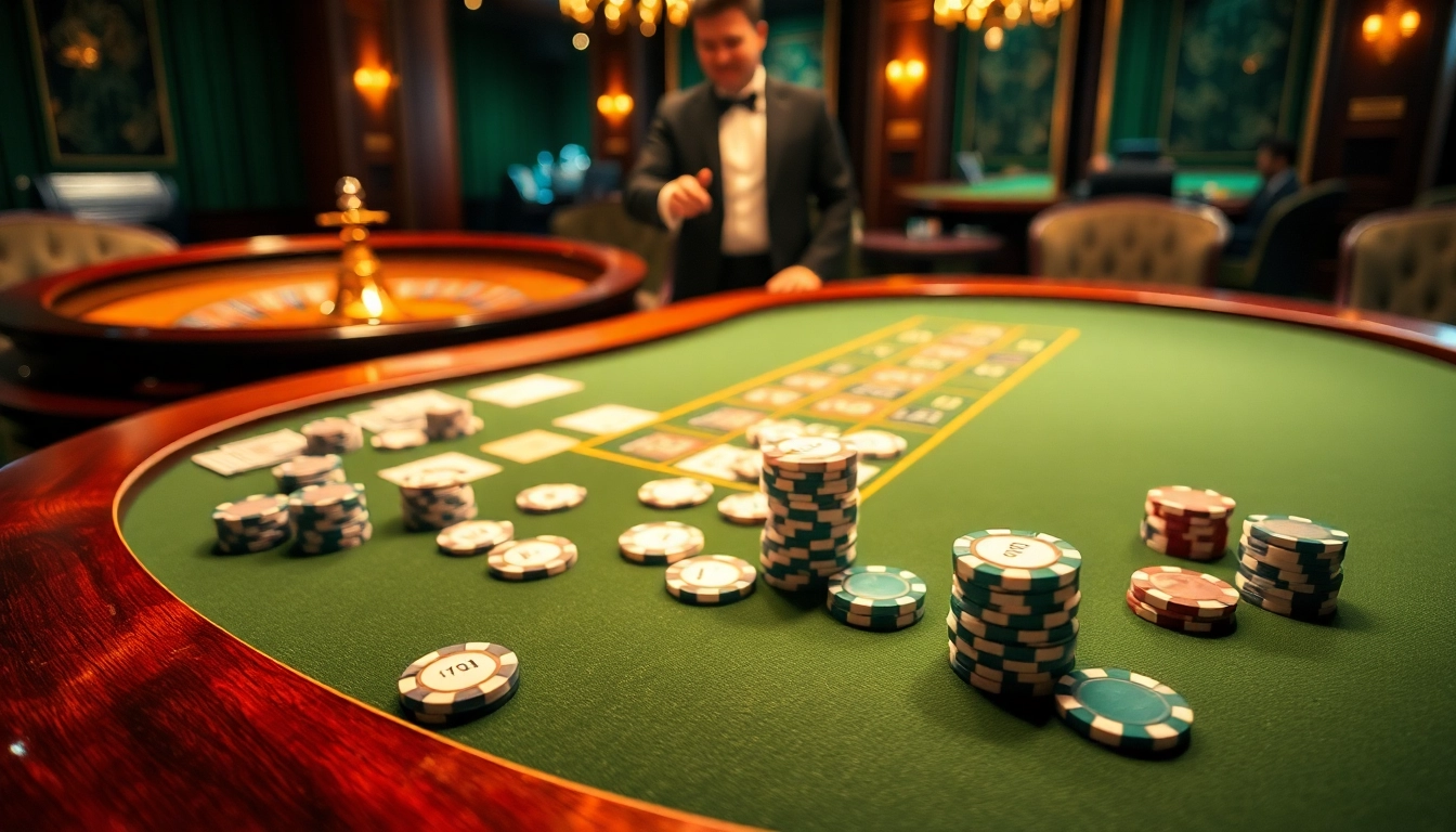 Experience thrilling games at 28bet with an elegant casino scene featuring poker and roulette.