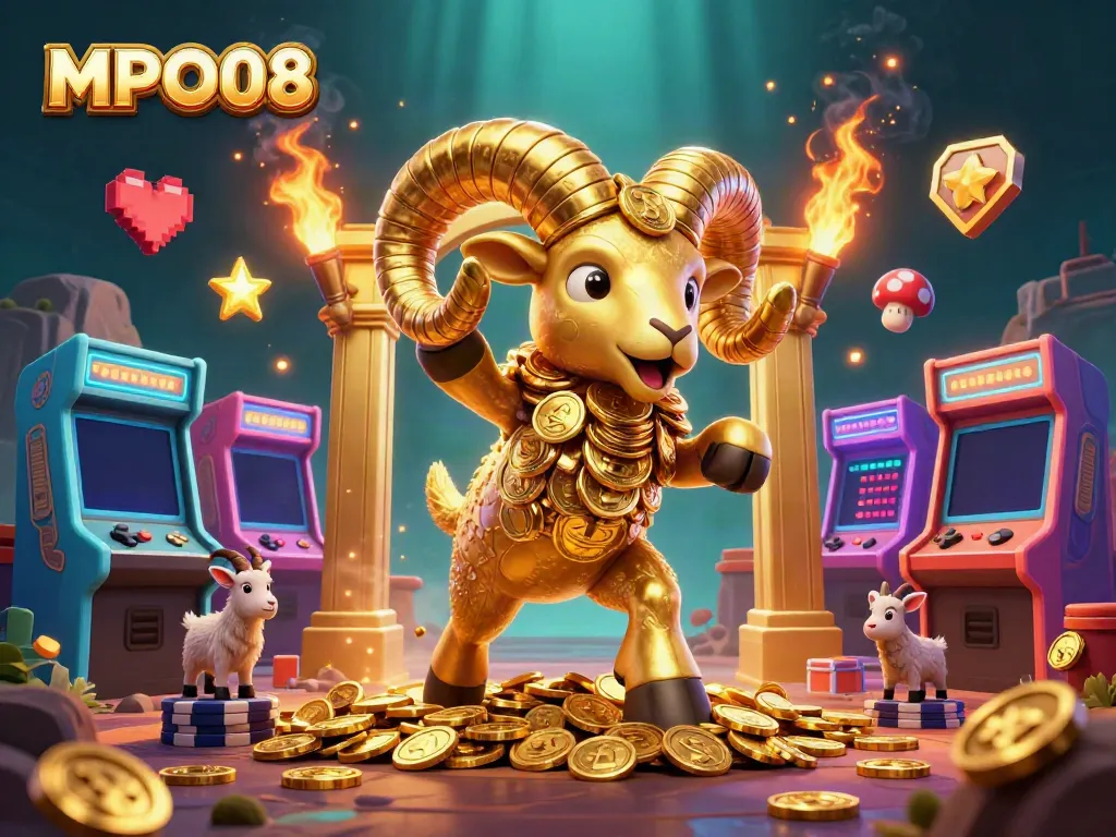 Engaging MPO08 casino illustration with a gold ram charging at a gate, surrounded by vibrant gaming elements.
