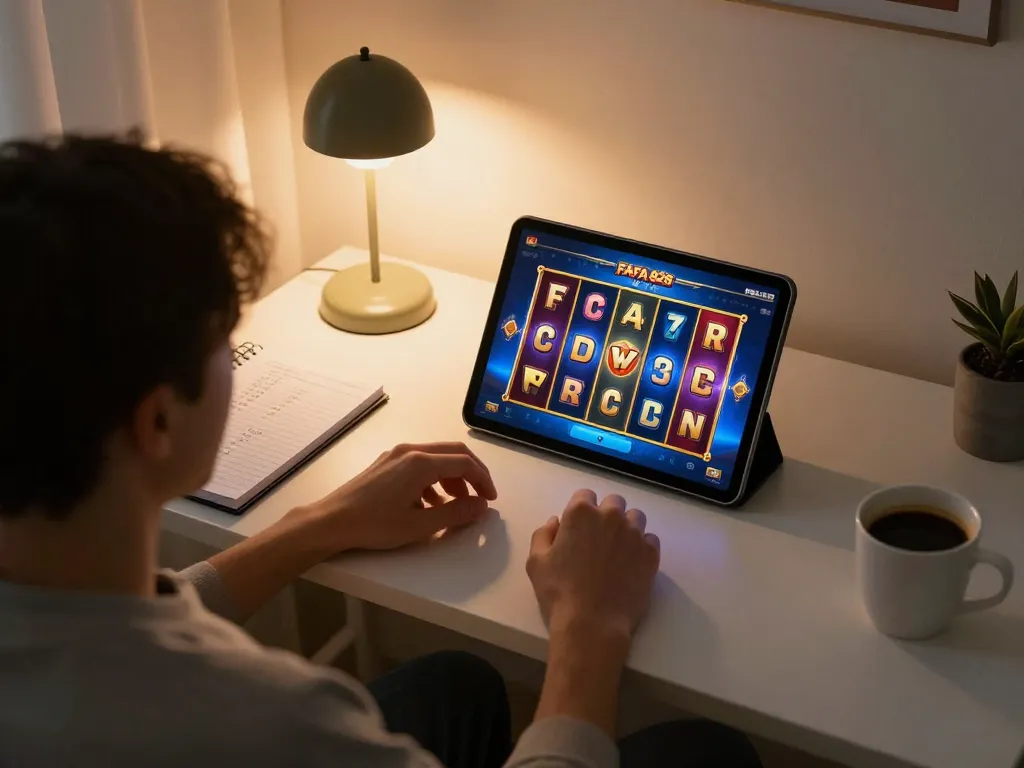 Experience FAFA 828 slots at home with dynamic gameplay on a tablet and strategic notes.