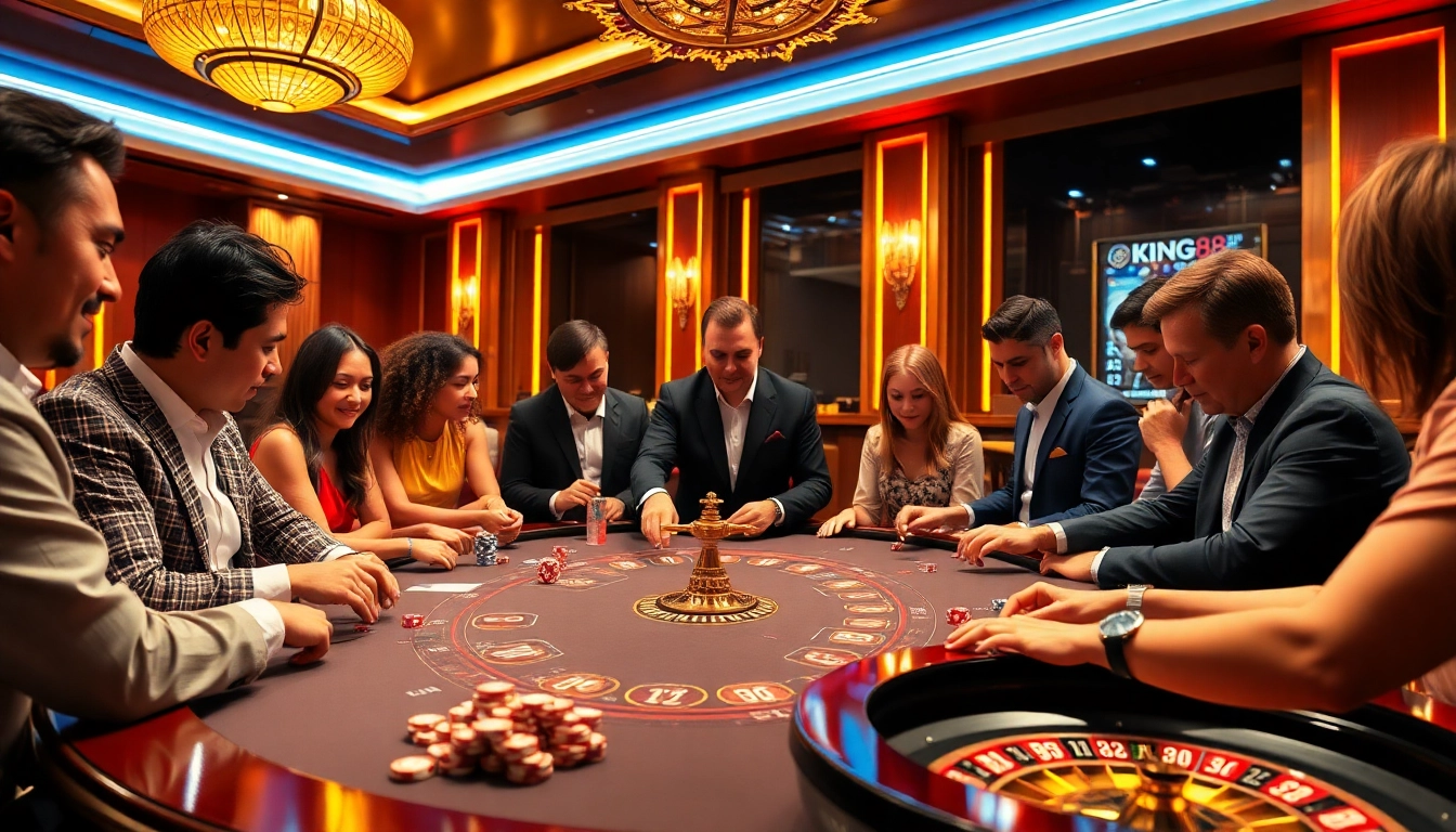 Engaged players at king88 themed casino table with vibrant colors and sleek game elements.