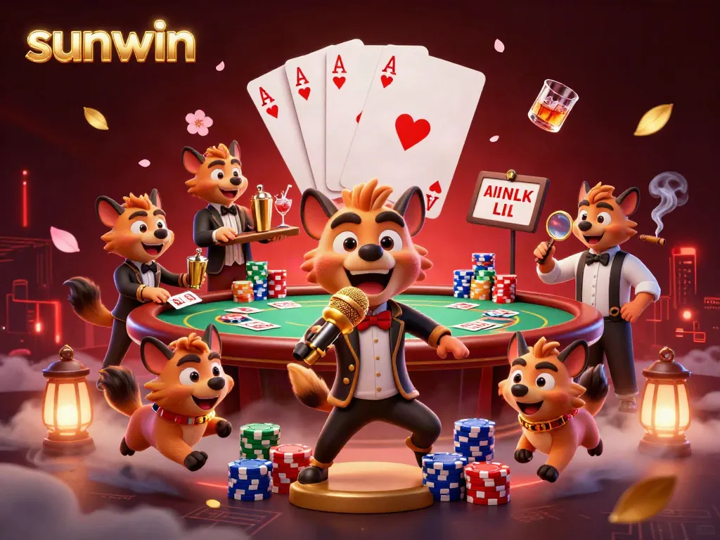 Hyenas in a vibrant casino scene showcasing laughter, drinks, and poker action at sunwin