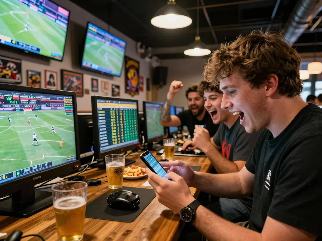 Tỷ lệ kèo nhà cái 5 in action as a person checks betting odds amid a vibrant sports bar scene