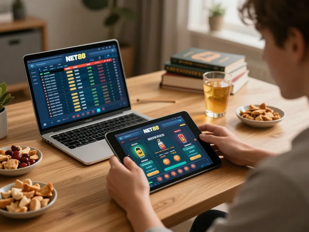 Engaging with the NET88 app for online gaming in a cozy home office setting