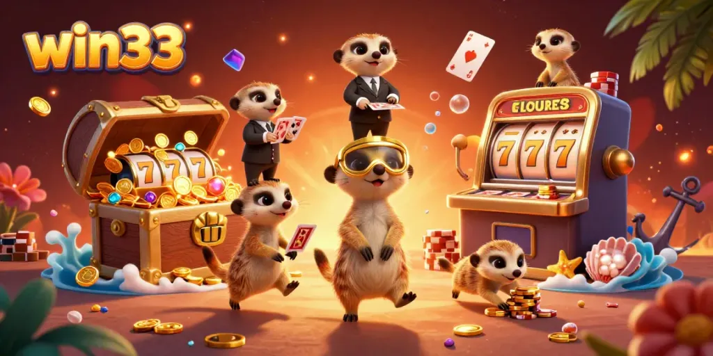Experience the thrilling action of win33 with playful meerkats managing a vibrant casino scene full of excitement.