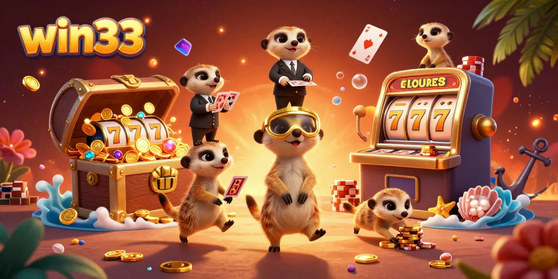 Experience the thrilling action of win33 with playful meerkats managing a vibrant casino scene full of excitement.