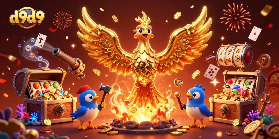 Magandang d9d9 na slot game na may gintong phenix at nakakaakit na simbolo ng prutas sa likuran.