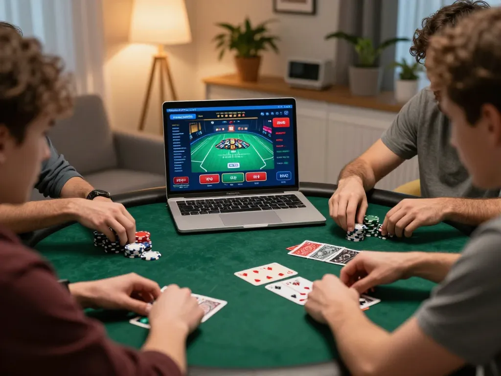 F168 online poker game setup, players engaged with cards and chips in a cozy atmosphere.