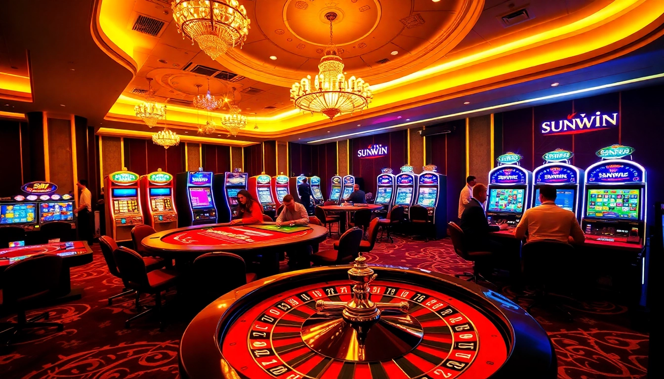 Players at a Sunwin casino table enjoying thrilling games and vibrant slot machines.