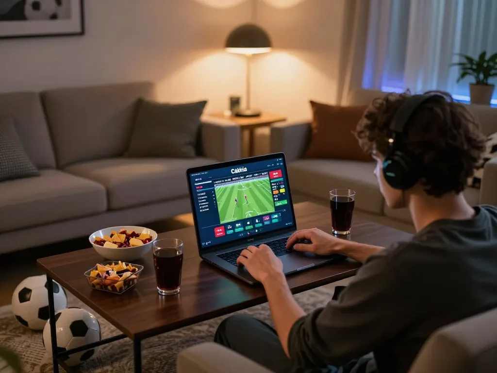 Cakhia user placing bets on football matches during a live online gaming session at home.