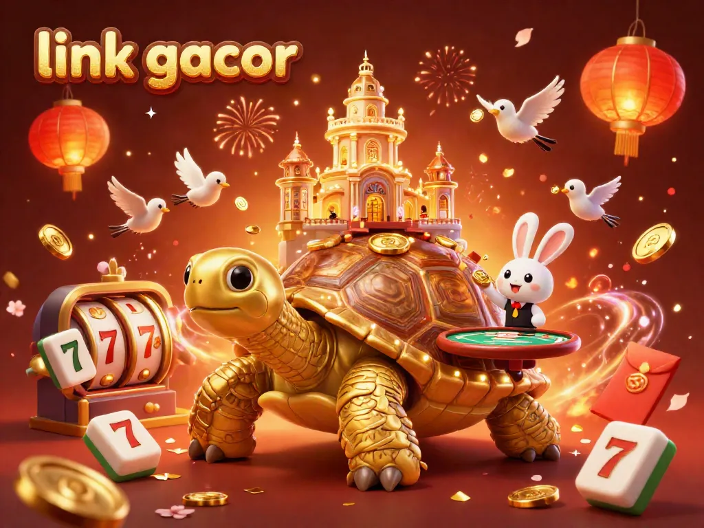 Engage with link gacor in a festive online casino scene featuring a golden tortoise with a miniature casino.