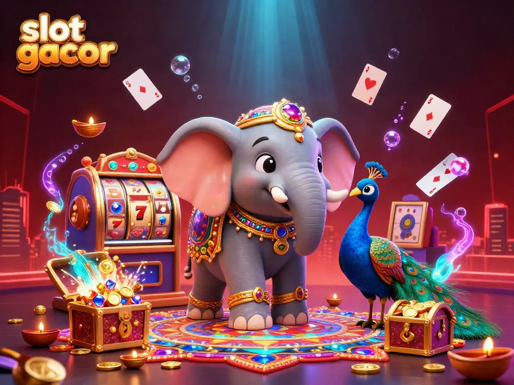 Experience the vibrant atmosphere of slot gacor with our colorful casino scene featuring an ornate elephant and dazzling gems.
