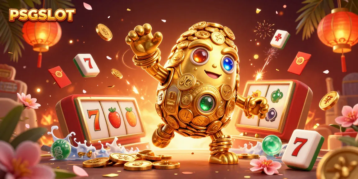 Spin the reels with PSGSLOT as the golden golem brings luck in this vibrant casino scene.