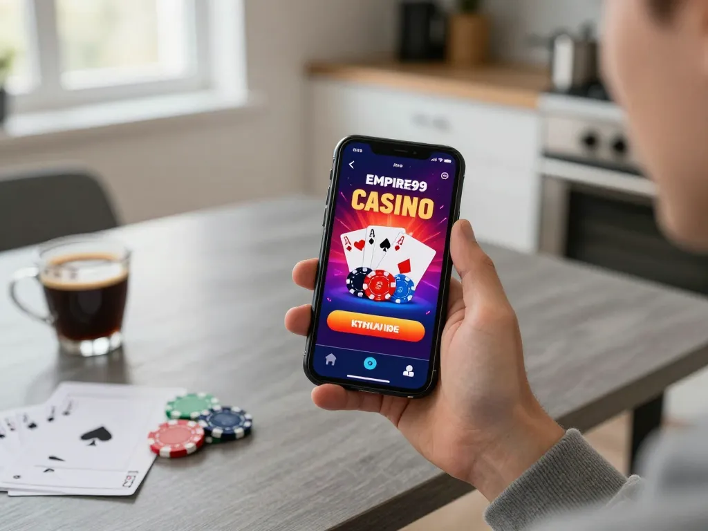 Nikmati sensasi permainan online dengan Empire99, menampilkan aplikasi smartphone dengan grafis poker yang berwarna-warni.