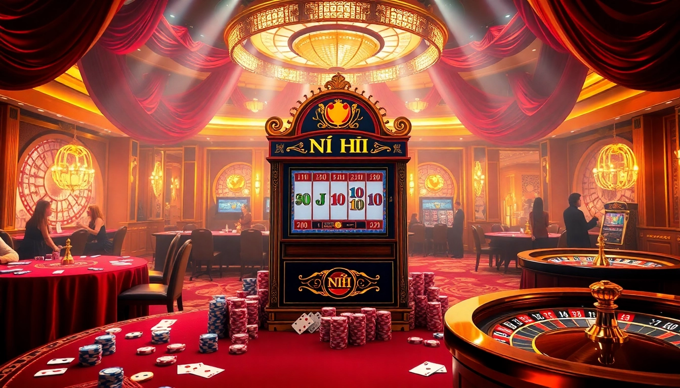 Exciting view of a Nổ Hũ slot machine surrounded by vibrant casino elements, attracting gamblers.