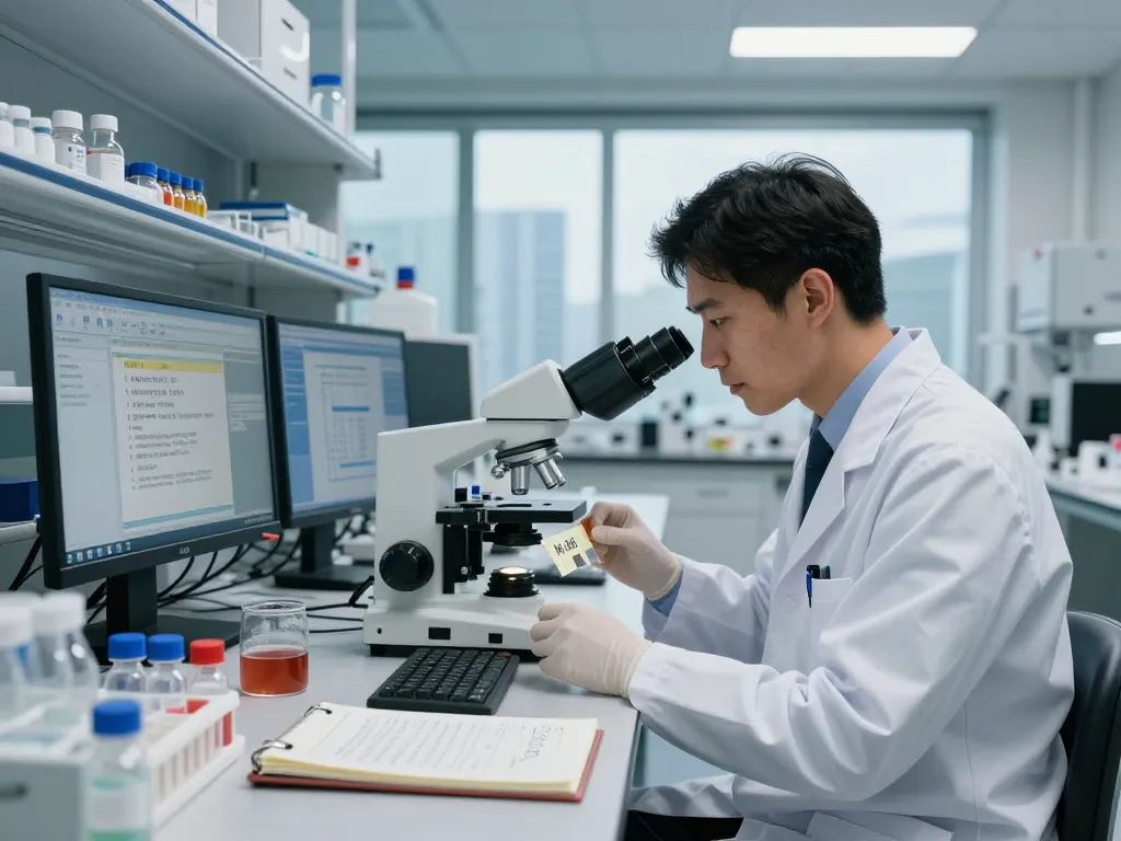 Researcher examining MB66 film in a clinical lab with modern equipment.