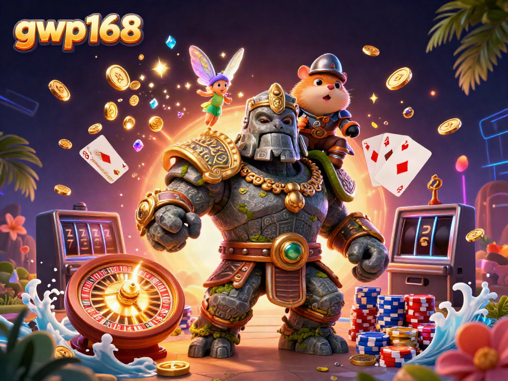 Gwp168 menyajikan ilustrasi 3D golem berlari mengumpulkan koin emas dan permainan slot.