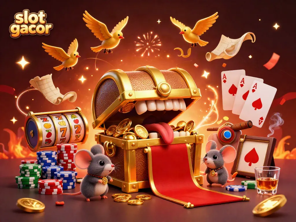 Engage with the excitement of slot gacor as a treasure chest captivates adventurer mice amid vibrant casino elements.