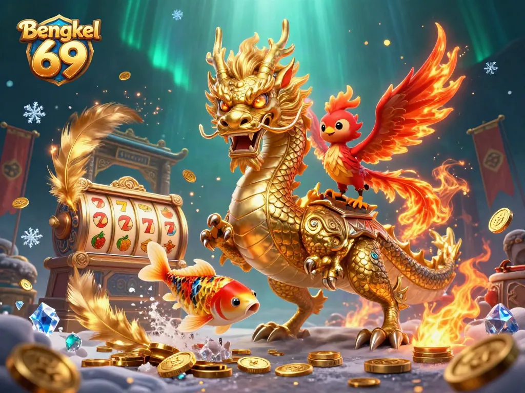Bengkel 69 features a golden dragon leading a slot-themed scene filled with coins and vibrant colors.
