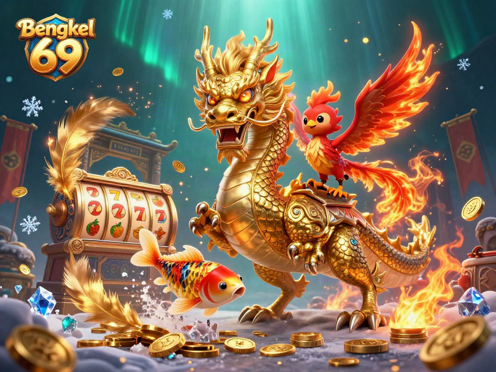 Bengkel 69 features a golden dragon leading a slot-themed scene filled with coins and vibrant colors.