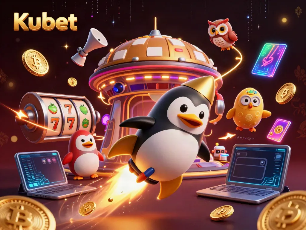 Kubet casino action scene with a golden penguin flying, slot reels, and crypto elements.