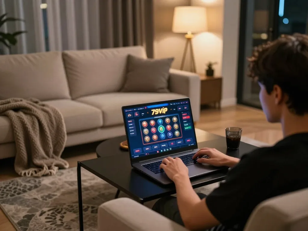Engaging with fun79vip on a laptop in a cozy living room setup during an evening gaming session