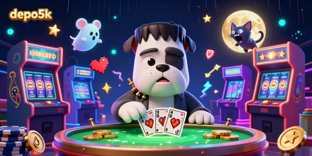 Engage with the thrilling depo5k casino experience featuring a playful 3D Frankenstein bulldog dealing cards amidst dynamic gaming elements.