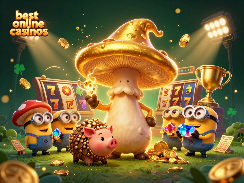 Experience the excitement of the best online casinos with a magical scene of pokies and winnings, showcasing vibrant characters and game elements.