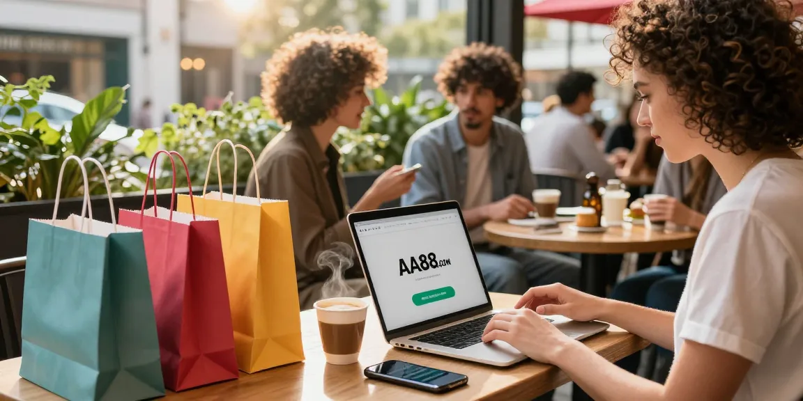 Shopper engaging with AA88.com on a laptop surrounded by trendy items in a lively cafe.