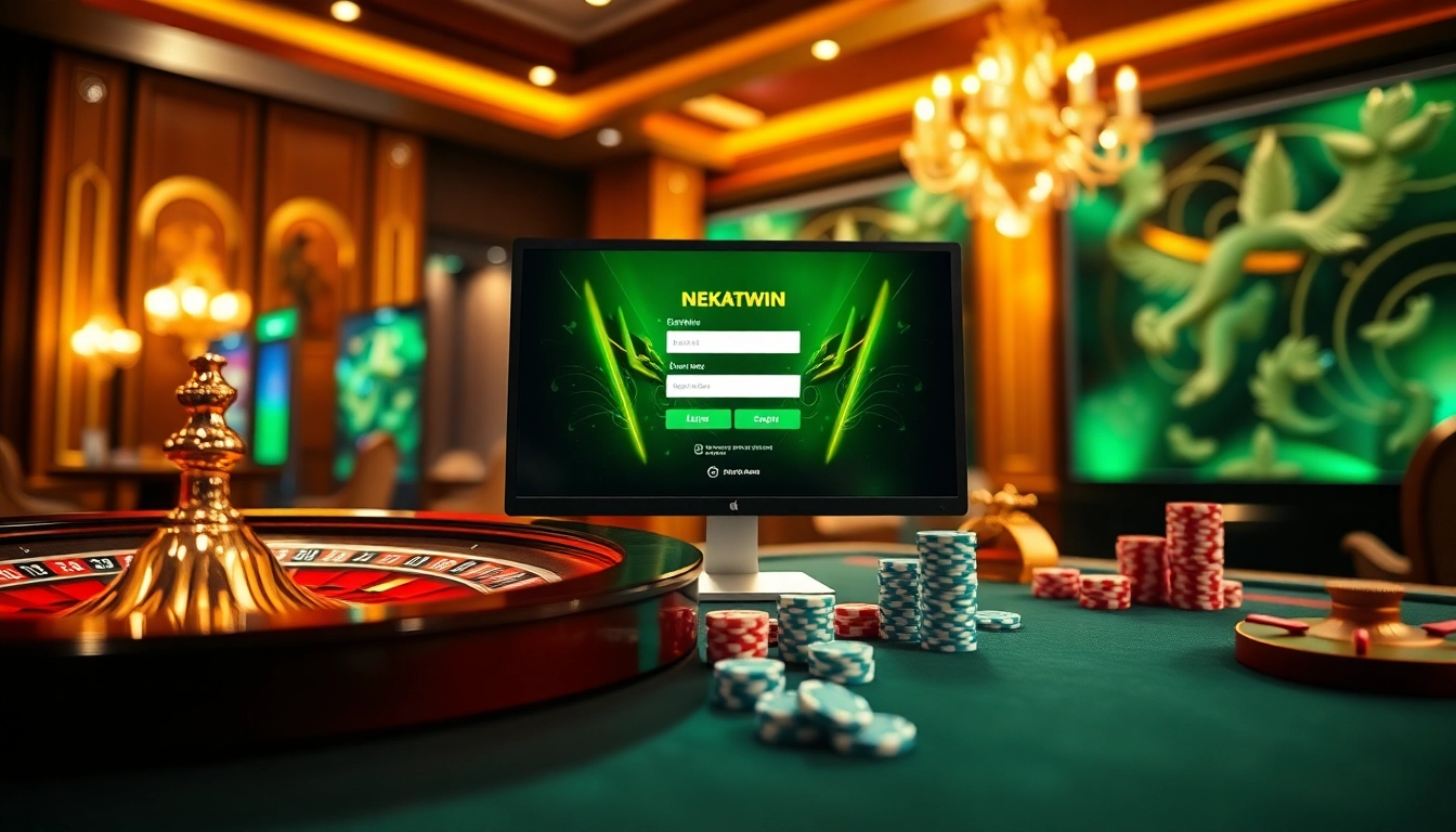 Exciting login nekatwin digital gambling scene with roulette and poker chips.