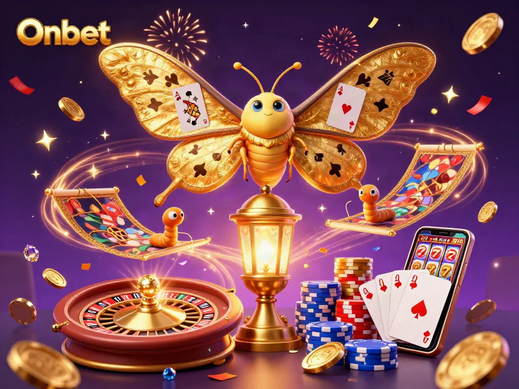 Spin the reels with Onbet, featuring a spectacular casino scene of a moth celebrating wins!