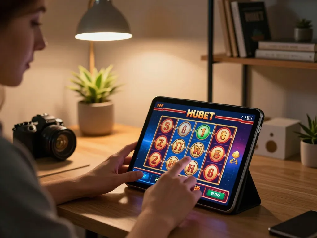 Engaging in HUBET slot games on a tablet in a cozy home office setting.
