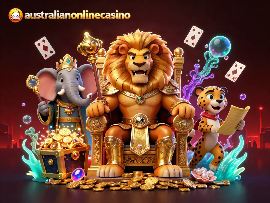 Engaging illustration showing the majestic lion king surrounded by casino elements, reflecting the australianonlinecasino theme.