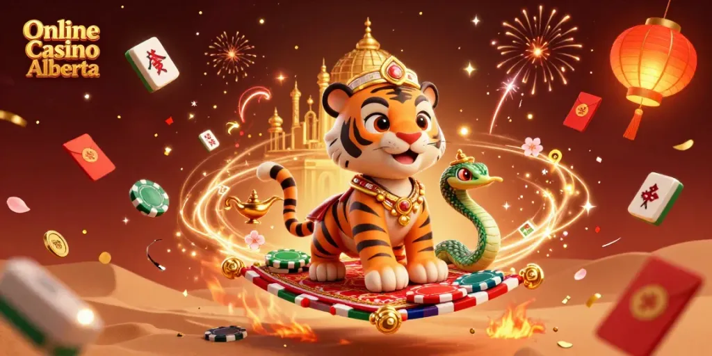 Engage with Online Casino Alberta's vibrant, festive casino illustration showcasing thrilling gameplay.