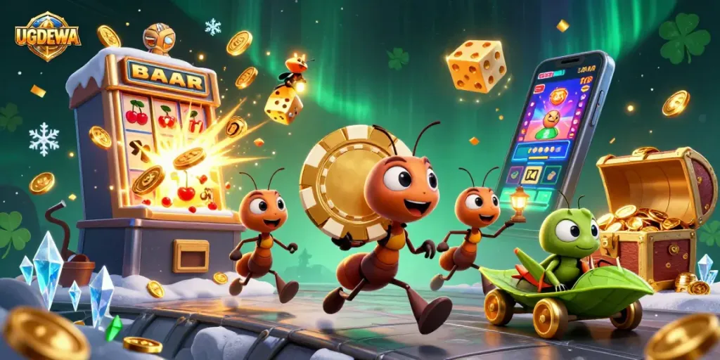 Engage with UGDEWA as team of ants embark on a thrilling heist with golden poker chip amidst bursting casino rewards.