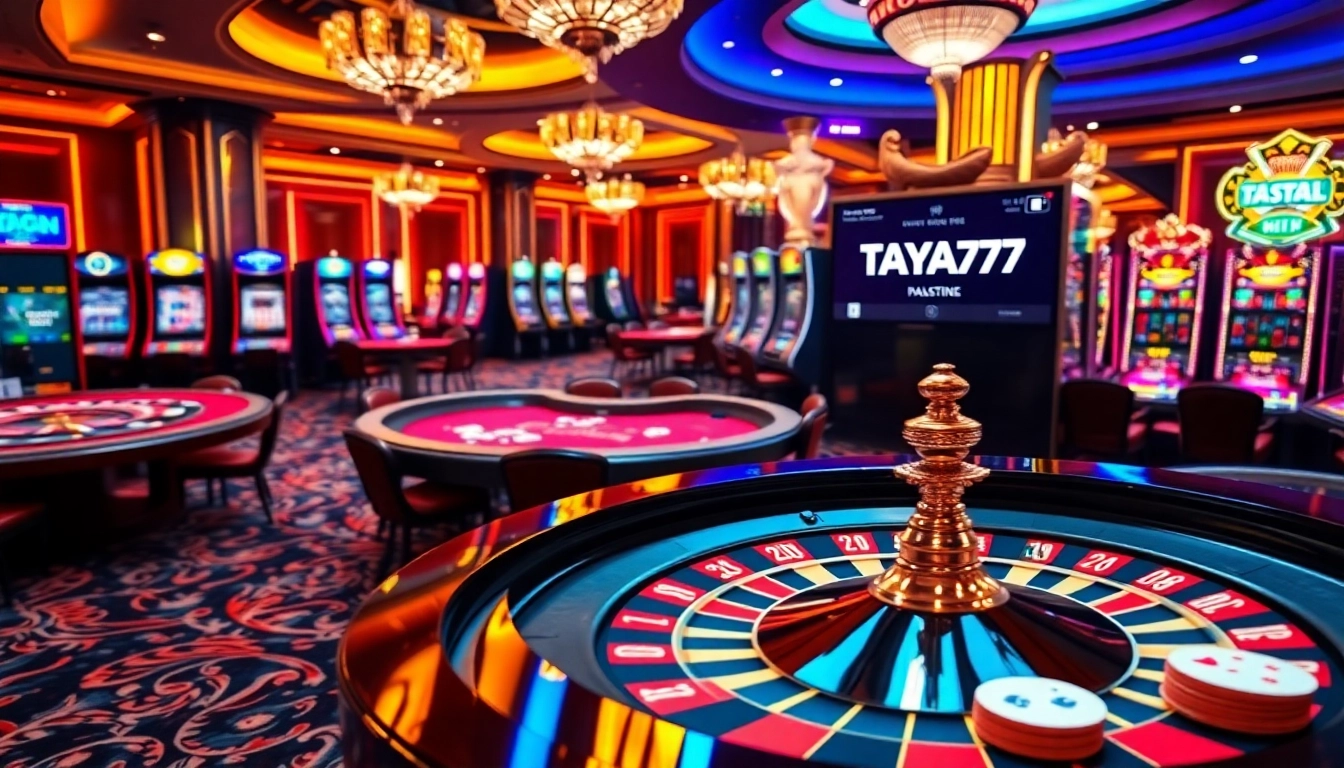 TAYA777 vibrant casino atmosphere with tables, slot machines, and roulette, evoking excitement.