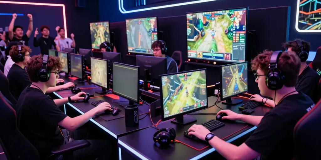 Juraganbola esports competition with gamers focused on screens and cheering fans.