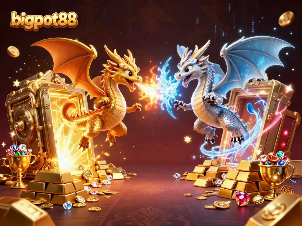 Gambar bigpot88 menampilkan dua naga 3D terbang bersama dengan efek elemen kasino yang kaya.