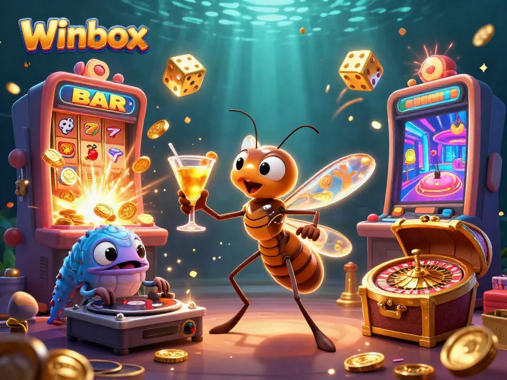 Winbox casino illustration featuring a frozen mosquito mascot with a cocktail, surrounded by gaming elements.