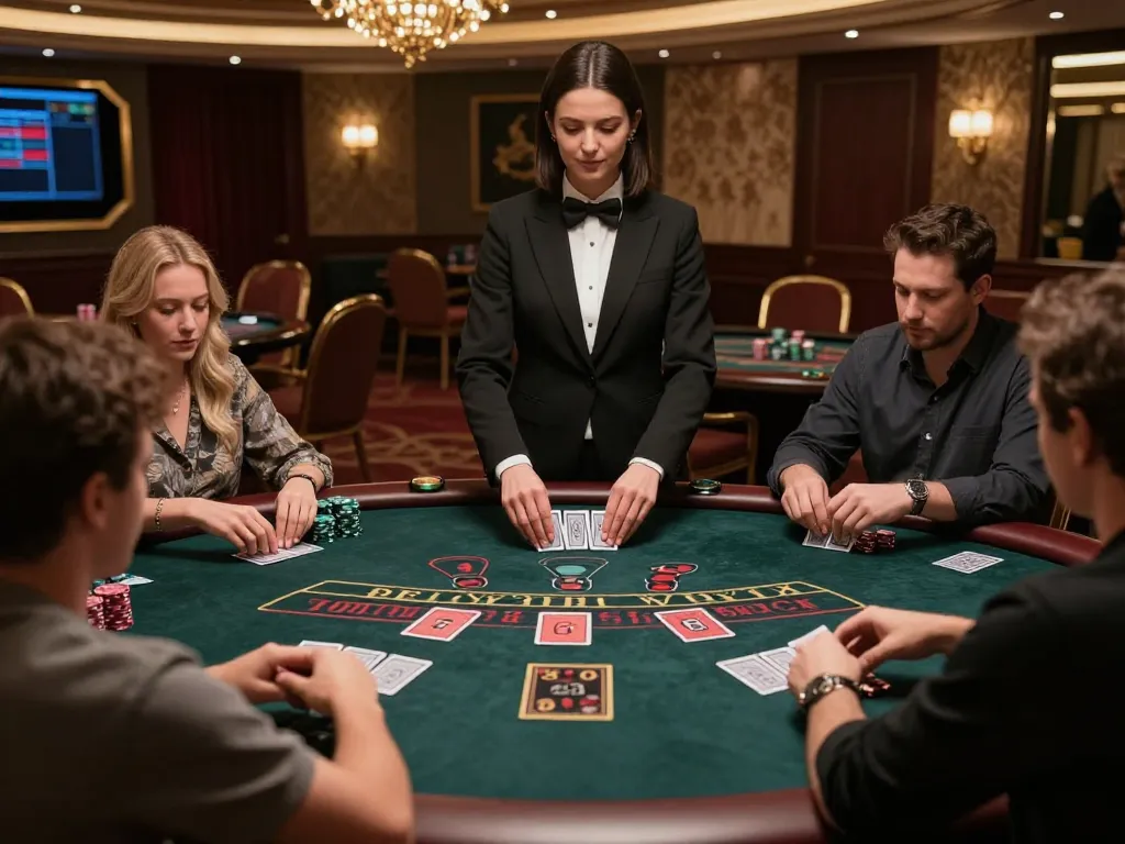 SC88 players strategizing at a blackjack table with a professional dealer in a luxury environment.