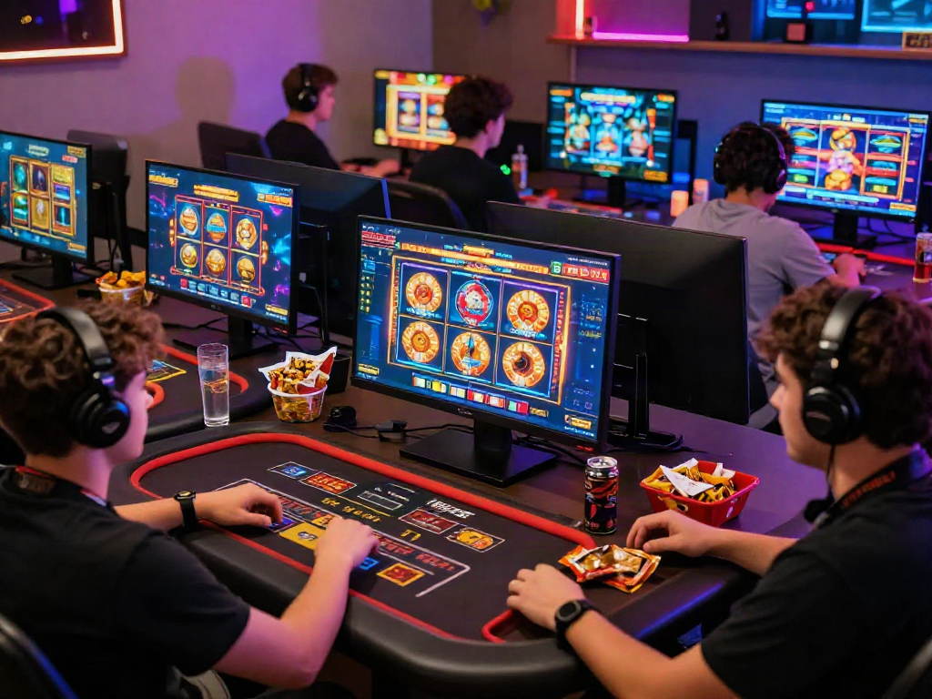 Engaging players enjoying online gambling at kebuntoto with vibrant screens and snacks.