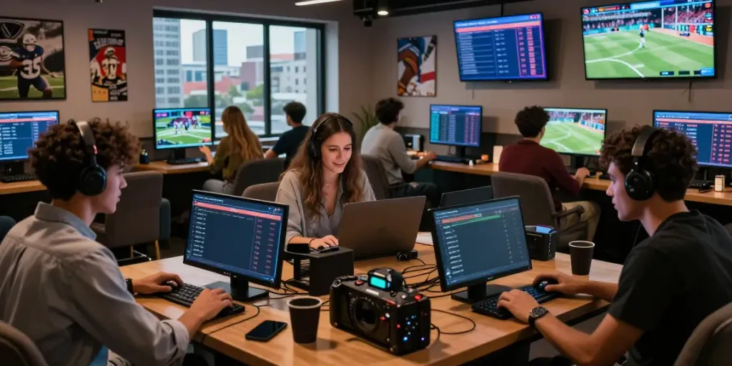 Friends analyzing live betting odds on WWBOLA in a vibrant gaming hub.
