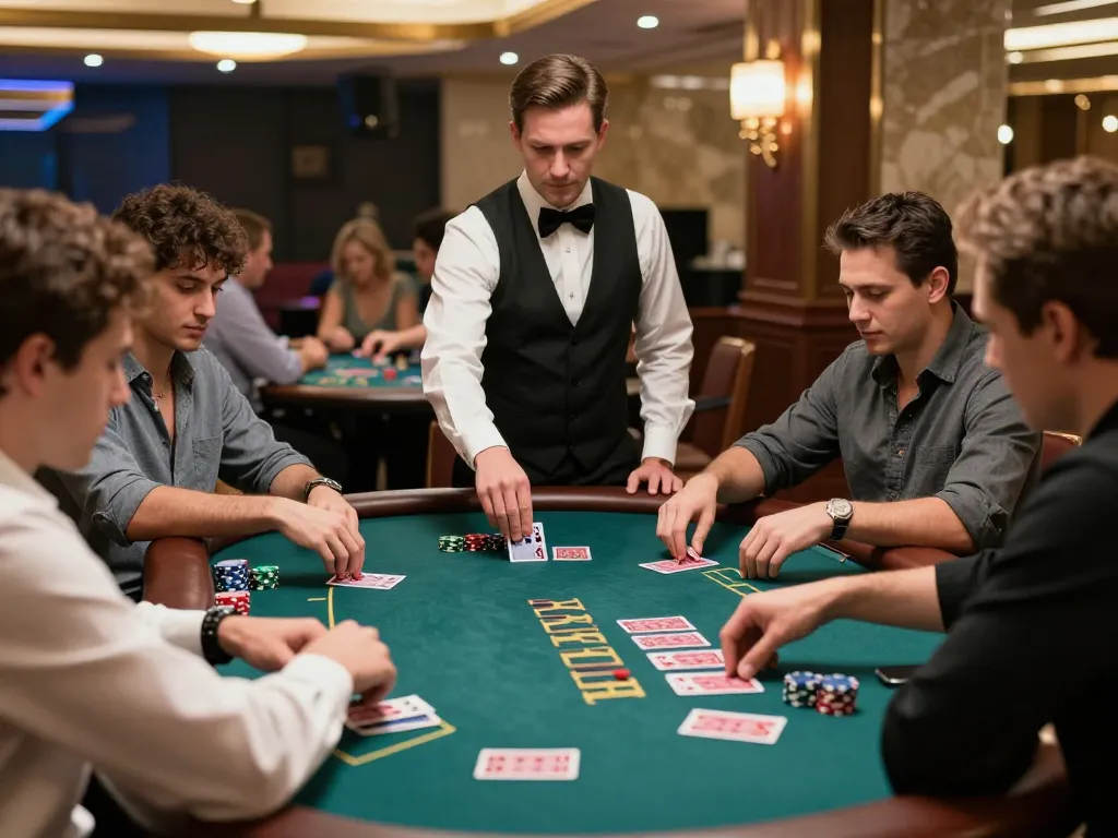 Incakoin players strategizing in a lively blackjack game at a luxurious casino table.
