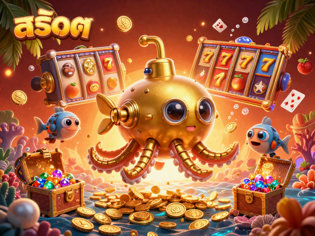 Play exciting สล็อต games amidst gold coins with thrilling kraken submarine, dynamic gambling action.