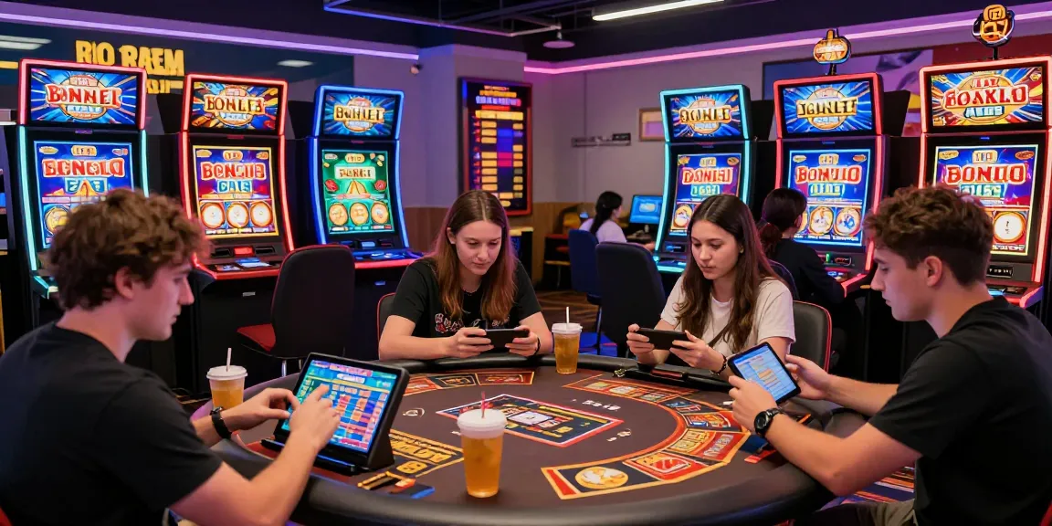 Players immersed in the 663Bet Game at a modern gaming lounge, showcasing vibrant casino visuals and a lively atmosphere.