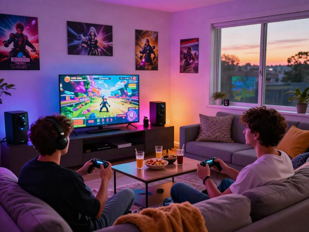 Two gamers enjoying a porn game night with cozy atmosphere and snacks.