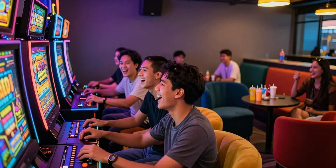 Excited friends enjoying slot gacor 4d at a modern gaming lounge, showcasing vibrant atmosphere and technology.