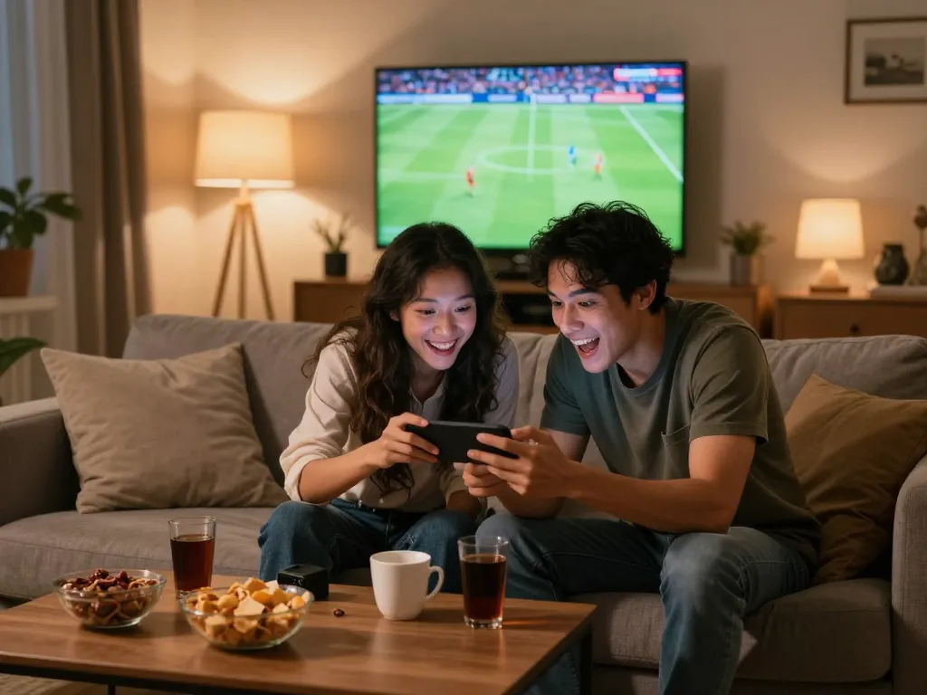 Excited couple engaged in sports betting on sbobet88 smartphone during live soccer match.