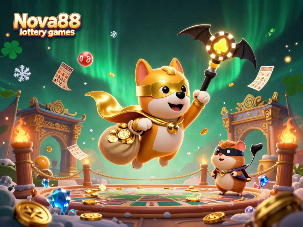 Engage with exciting Nova88 lottery games featuring a superhero dog and vibrant lottery elements.