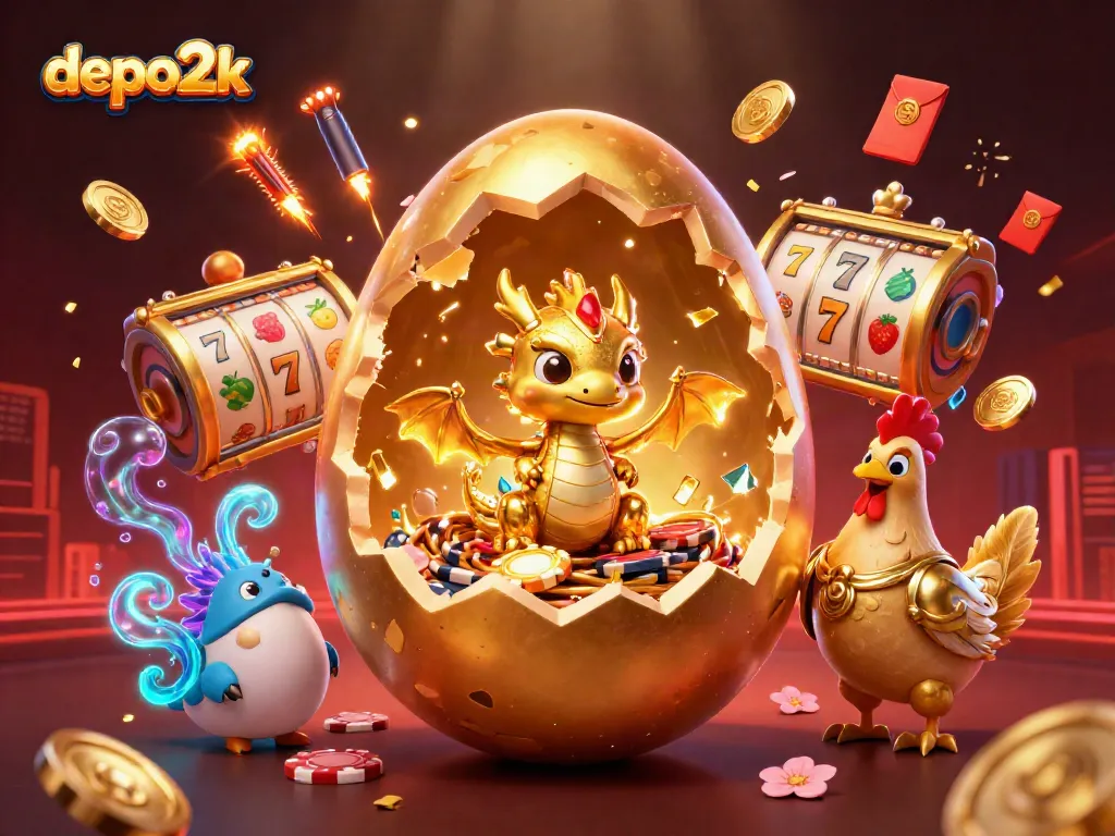 Engage in thrilling slots with depo2k featuring a golden baby dragon and vibrant casino elements.