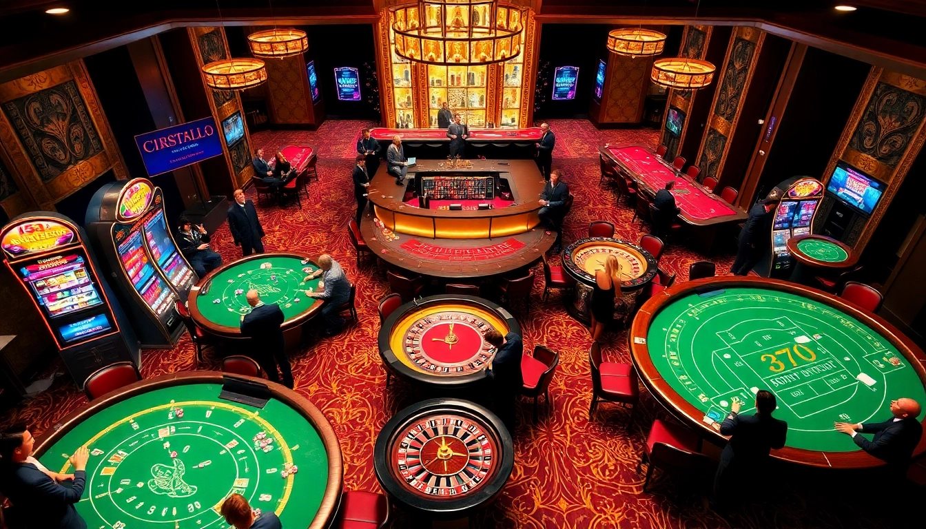 Experience high-stakes gaming at 33win with elegant casino tables, colorful slot machines, and lively players.